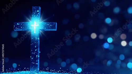 Christian Cross on Horizontal blue bokeh glint banner background loop copy space. 3D animation for social media online worship live stream church prayer on Feast of Mary, and the Immaculate Conception