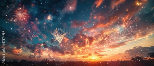 Wallpaper Mural Sky filled with vibrant fireworks against a backdrop of scattered clouds over a city skyline, creating a festive and celebratory scene, Photography, long exposure, Torontodigital.ca