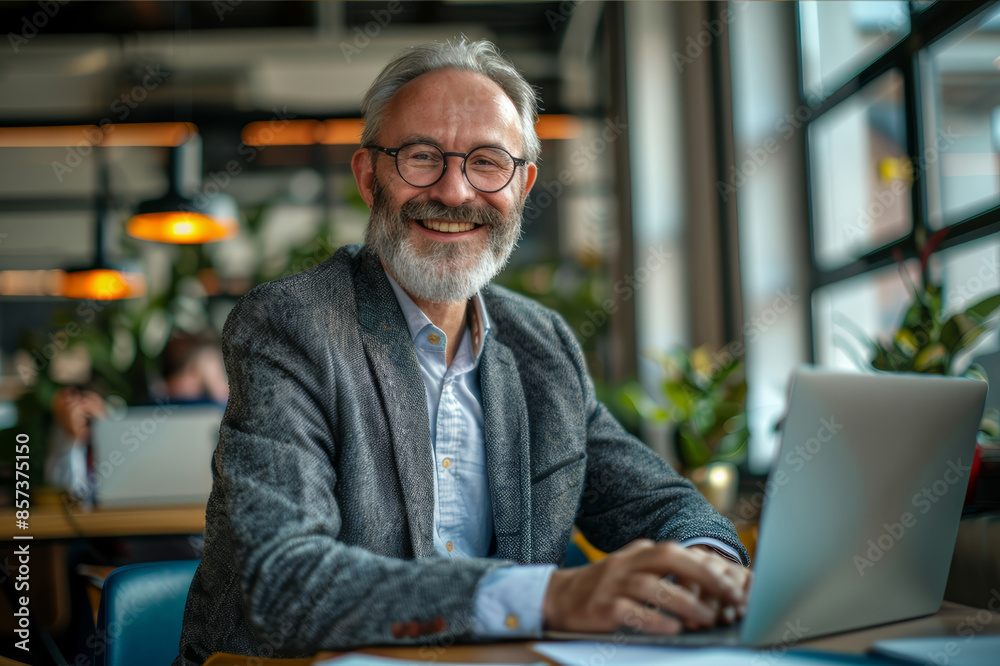 A smiling boss in a modern workspace, interacting with employees, seated at a stylish table with laptops and documents, contemporary office setting.. AI generated. A smiling boss in a modern workspace, interacting with employees, seated at a stylish table with laptops and documents, contemporary office setting.. AI generated.