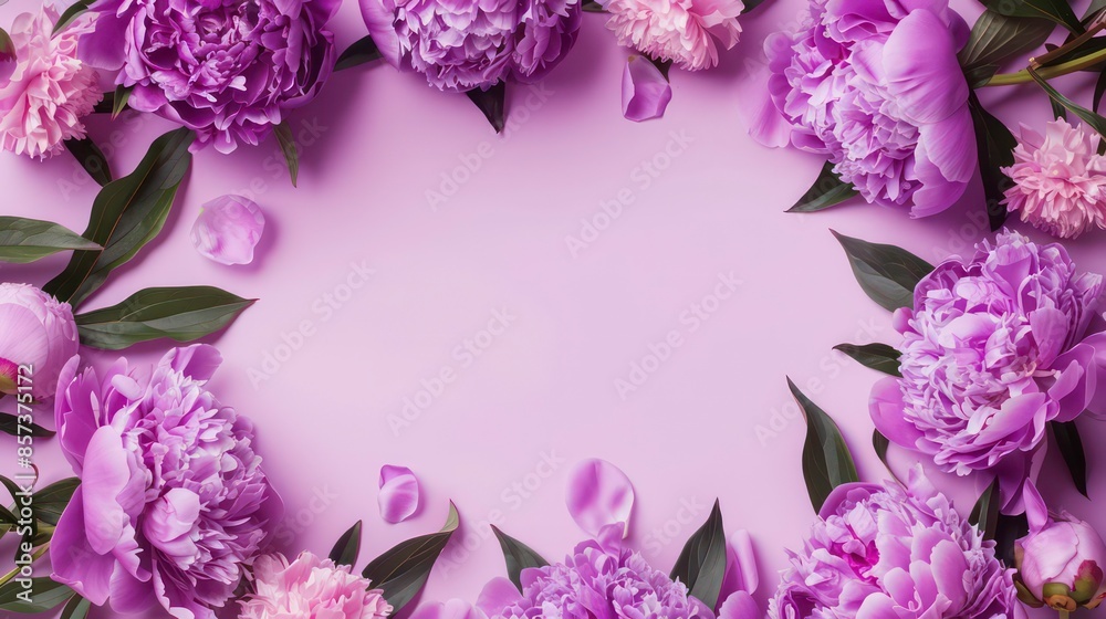 Empty feminine lilac purple peony flowers frame on graceful lilac background, for sign design, wedding invitation, cosmetic product, Mother's Day, Valentine, Woman's Day mock up with copy space.