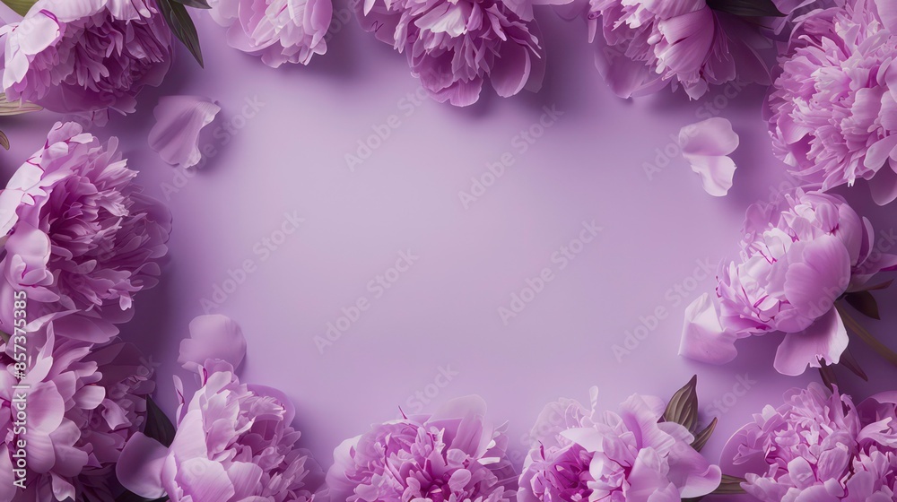 Empty feminine lilac purple peony flowers frame on graceful lilac background, for sign design, wedding invitation, cosmetic product, Mother's Day, Valentine, Woman's Day mock up with copy space.