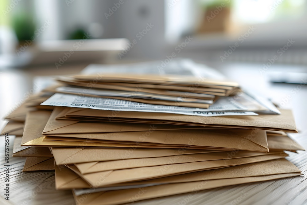 Brown envelopes stacked on table, laptop in background Brown envelopes stacked on table, laptop in background