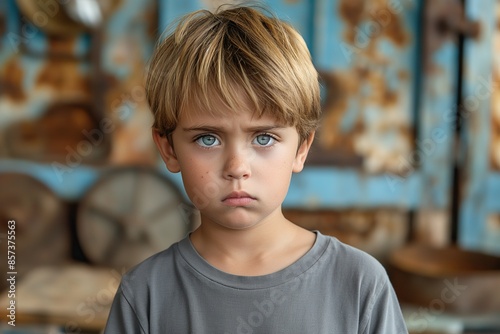 A blue-eyed boy looks solemnly at the camera against a rustic background