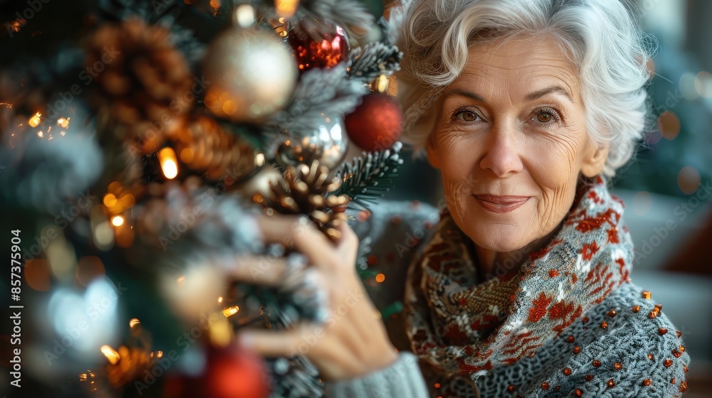 An elderly woman with gray hair and a cozy sweater decorates a Christmas tree with festive ornaments, symbolizing holiday spirit and joy. Soft lighting enhances the warm ambiance. An elderly woman with gray hair and a cozy sweater decorates a Christmas tree with festive ornaments, symbolizing holiday spirit and joy. Soft lighting enhances the warm ambiance.