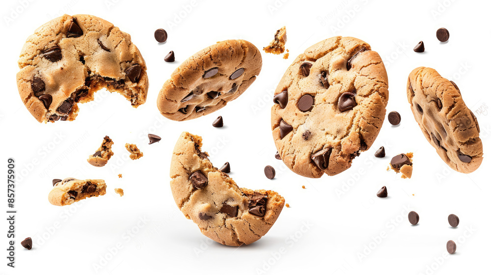 Chocolate chip cookie floating on a white background. Aesthetic sweet food concept. Flying chocolate biscuits Chocolate chip cookie floating on a white background. Aesthetic sweet food concept. Flying chocolate biscuits