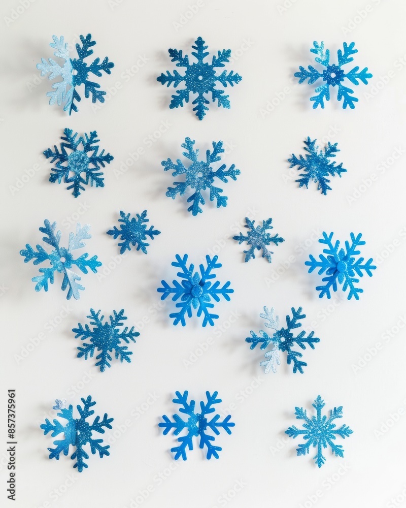 Christmas Decorations: Man Applying Blue Snowflake Stickers to a White Wall in a Minimalist Setting, Winter Holiday Mood Christmas Decorations: Man Applying Blue Snowflake Stickers to a White Wall in a Minimalist Setting, Winter Holiday Mood