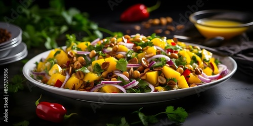 Fresh mango salad with red onions cilantro peanuts and tangy dressing. Concept Mango, Salad, Red Onions, Cilantro, Peanuts, Dressing photo