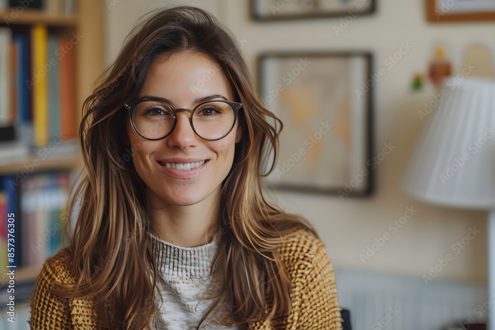 Happy lady in spectacles and sweater seated near bookshelf Happy lady in spectacles and sweater seated near bookshelf