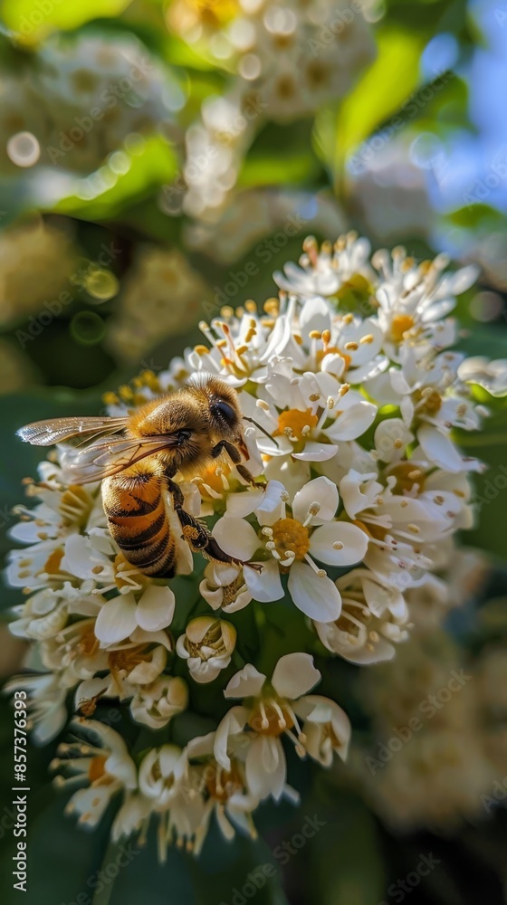 Bee on white flowers in a garden, close-up. Nature and pollination concept Bee on white flowers in a garden, close-up. Nature and pollination concept