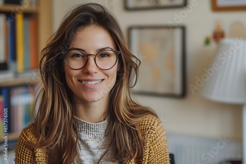 Happy lady in spectacles and sweater seated near bookshelf