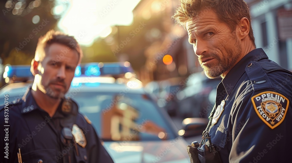 Two police officers are seen in conversation near a patrol car, set against an urban backdrop with clear skies and evening light, emphasizing camaraderie and duty in law enforcement. Two police officers are seen in conversation near a patrol car, set against an urban backdrop with clear skies and evening light, emphasizing camaraderie and duty in law enforcement.