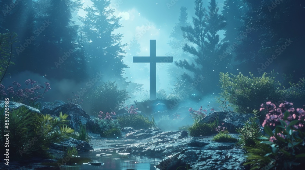 Cross in a mystical forest at dawn, nature and spirituality concept Cross in a mystical forest at dawn, nature and spirituality concept