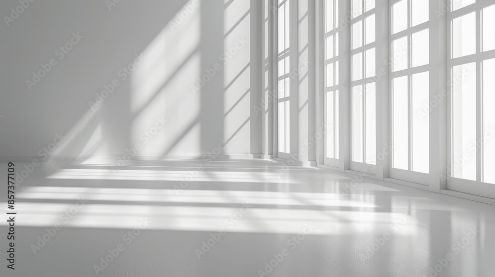 A bright, spacious room with large windows that let in natural light, casting long shadows on the white floor.
