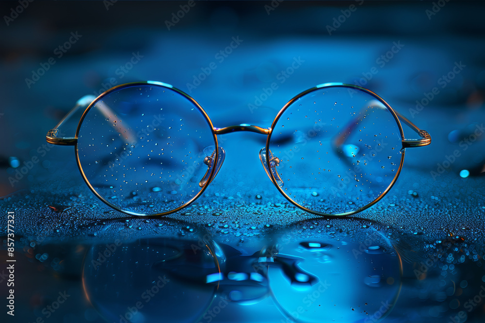 Close-up view of classic round glasses lying on a sleek, dark desk surface with reflections, showcasing minimalistic and modern design.. AI generated. Close-up view of classic round glasses lying on a sleek, dark desk surface with reflections, showcasing minimalistic and modern design.. AI generated.