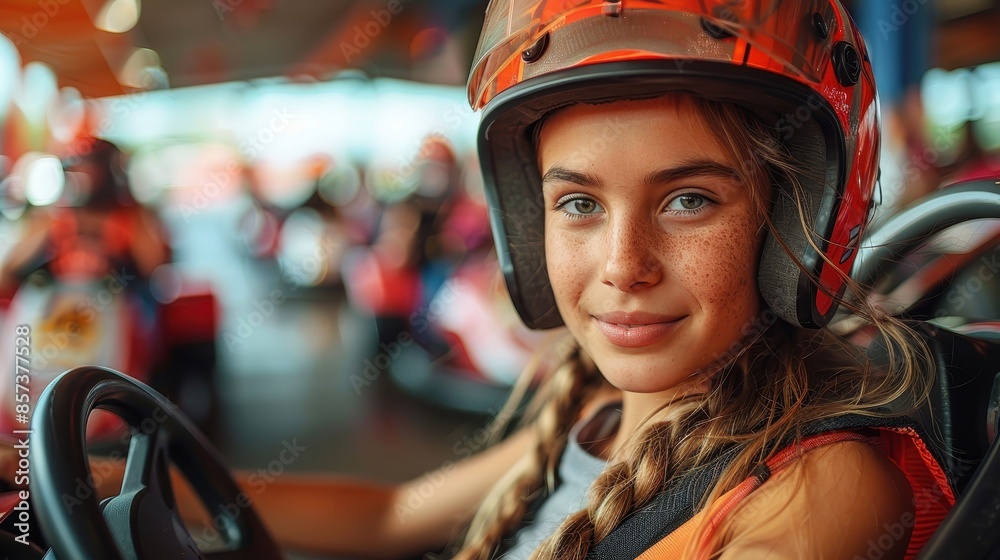 A young girl with freckles, wearing a go-karting helmet, smiles confidently as she sits ready in her kart, capturing the excitement and spirit of the racetrack. A young girl with freckles, wearing a go-karting helmet, smiles confidently as she sits ready in her kart, capturing the excitement and spirit of the racetrack.