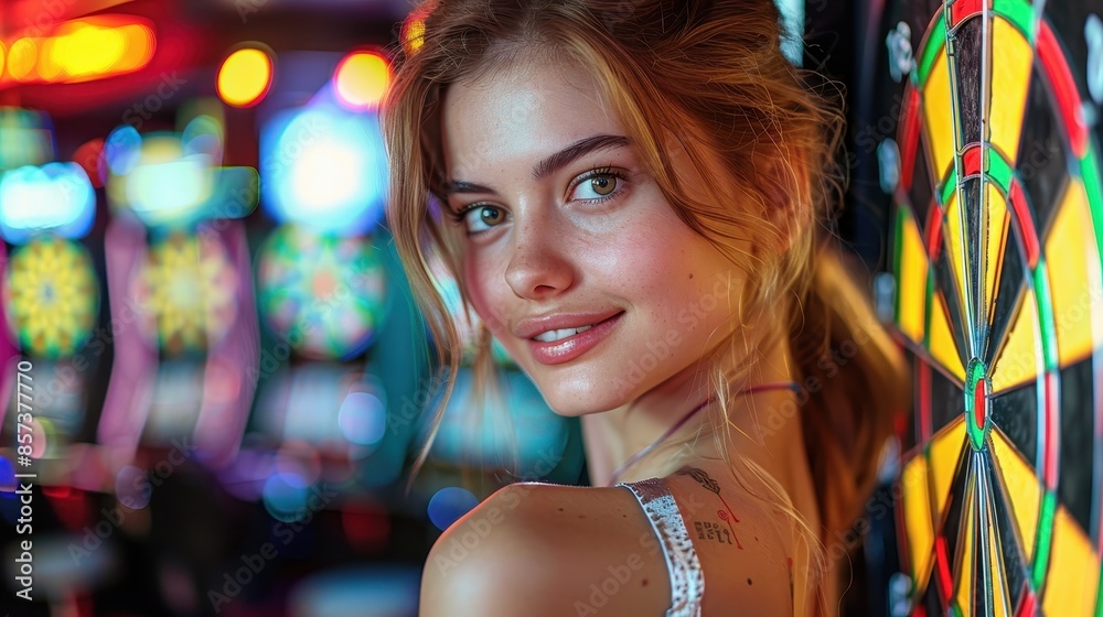 A smiling young woman poses next to a colorful dartboard in an arcade, with bright neon lights and other arcade games in the background, creating a vibrant atmosphere.