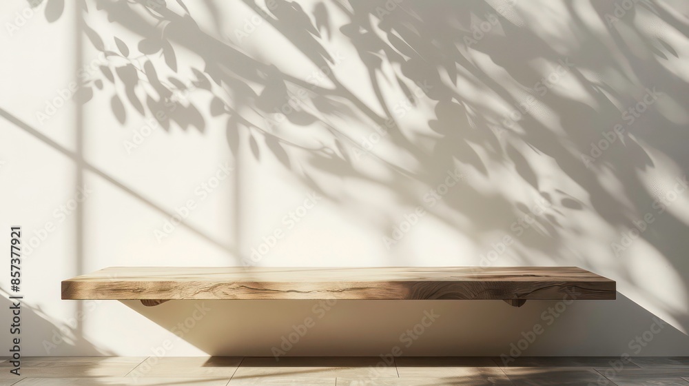 Empty minimal natural wooden table counter podium, beautiful wood grain in sunlight, shadow on white wall for luxury cosmetic, skincare, beauty treatment, decoration product display background Empty minimal natural wooden table counter podium, beautiful wood grain in sunlight, shadow on white wall for luxury cosmetic, skincare, beauty treatment, decoration product display background