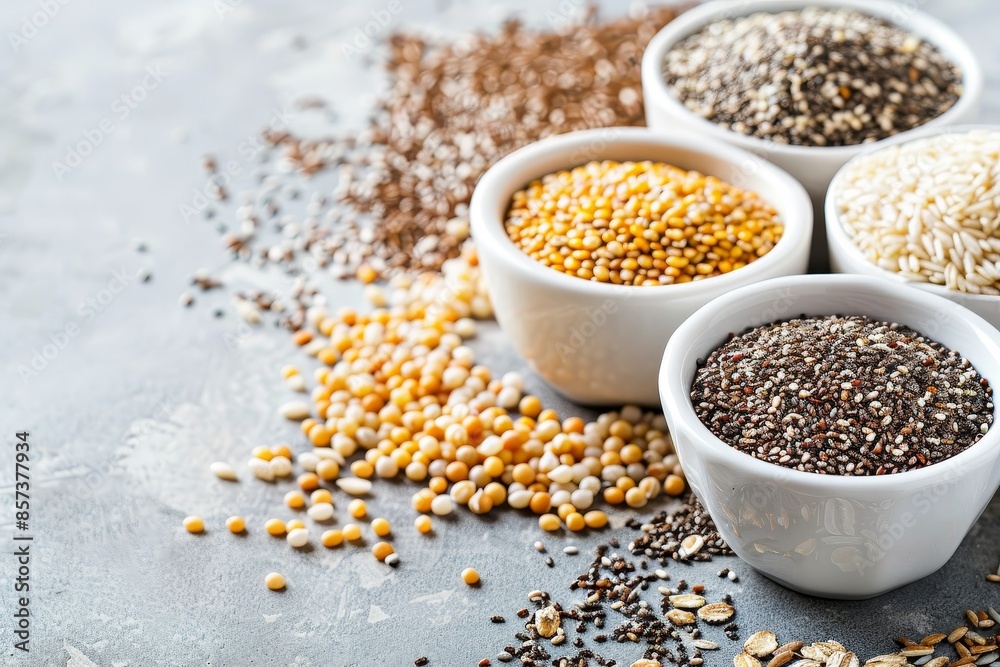 Assorted healthy seeds and cereals sesame flax seed chia seeds soybean buckwheat oats Space for text Assorted healthy seeds and cereals sesame flax seed chia seeds soybean buckwheat oats Space for text