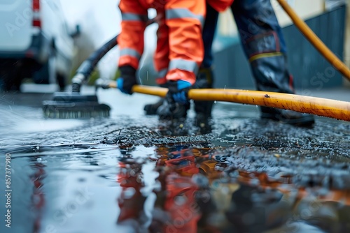 Wallpaper Mural Worker cleaning street with hose and broom Torontodigital.ca
