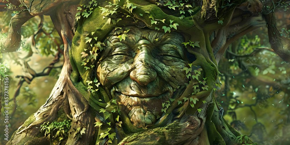 Obraz premium tree trunk with green man face. AI generated.