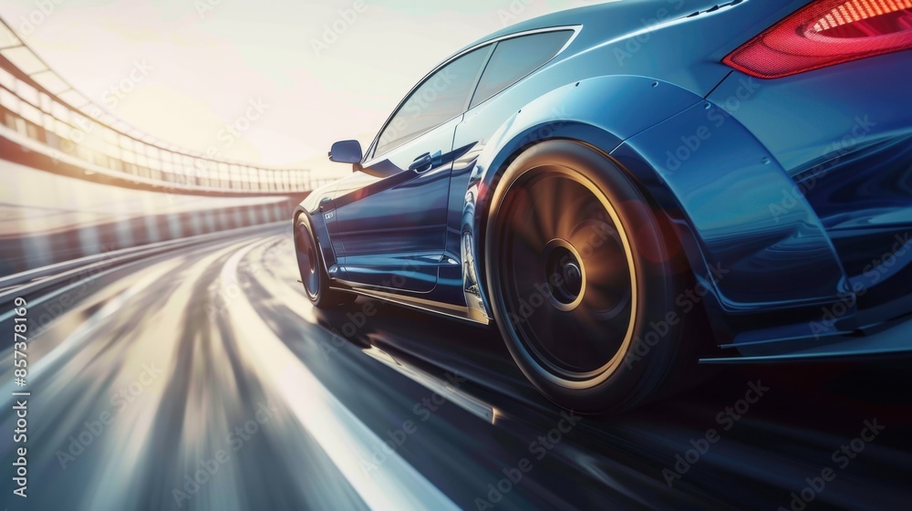 A blue sports car races on a track with motion blur, showcasing its speed and power. A blue sports car races on a track with motion blur, showcasing its speed and power.