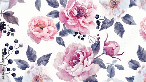 watercolor illustration, seamless botanical pattern of pink garden roses and berries on a white background, for printing on fabric or wedding invitations