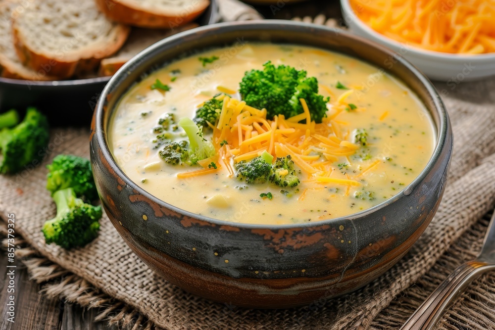Broccoli cheddar soup with potato in bowl on wooden background Broccoli cheddar soup with potato in bowl on wooden background