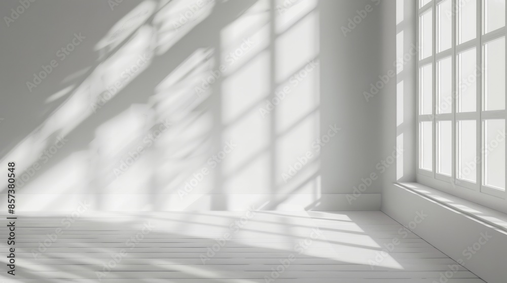 A bright, white room is filled with sunlight streaming through a window, creating patterns on the floor and walls. A bright, white room is filled with sunlight streaming through a window, creating patterns on the floor and walls.