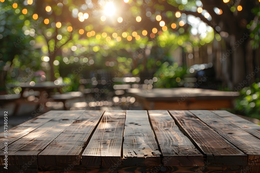 Wooden table with numerous background lights Wooden table with numerous background lights