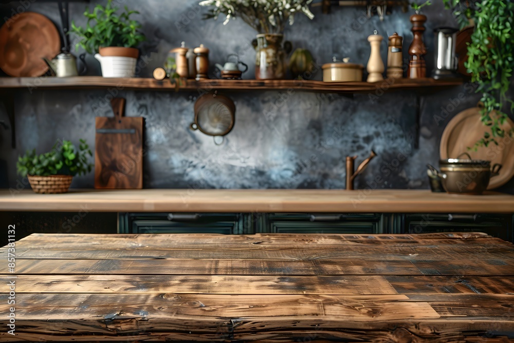 Wooden table, shelf, pots, pans Wooden table, shelf, pots, pans