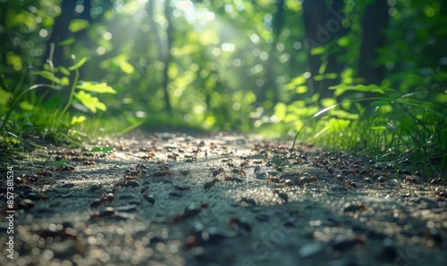 Ants scurrying along a forest trail