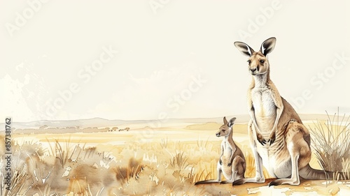 Illustration of a serene kangaroo with its joey in a vast sunlit open landscape photo
