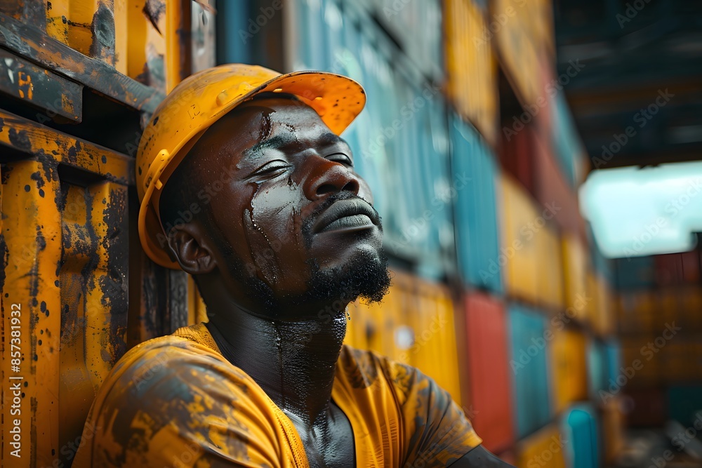 Man hard hat lean wall Man hard hat lean wall