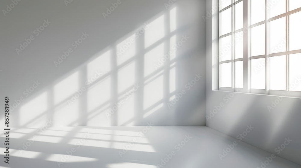 A bright, white room with a large window letting in sunlight, casting shadows on the wall and floor. A bright, white room with a large window letting in sunlight, casting shadows on the wall and floor.