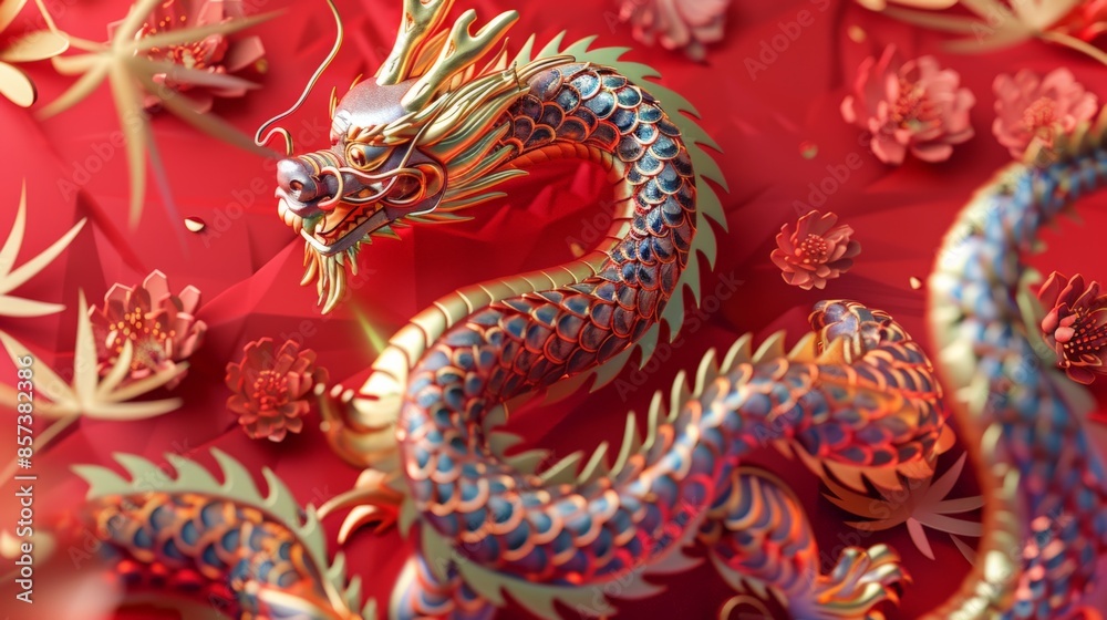 An intricately designed dragon with vibrant colors weaves through red floral motifs An intricately designed dragon with vibrant colors weaves through red floral motifs