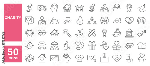 Set of 50 line icons related to charity, donation, social responsibility, friendship, love, Editable stroke. Vector illustration