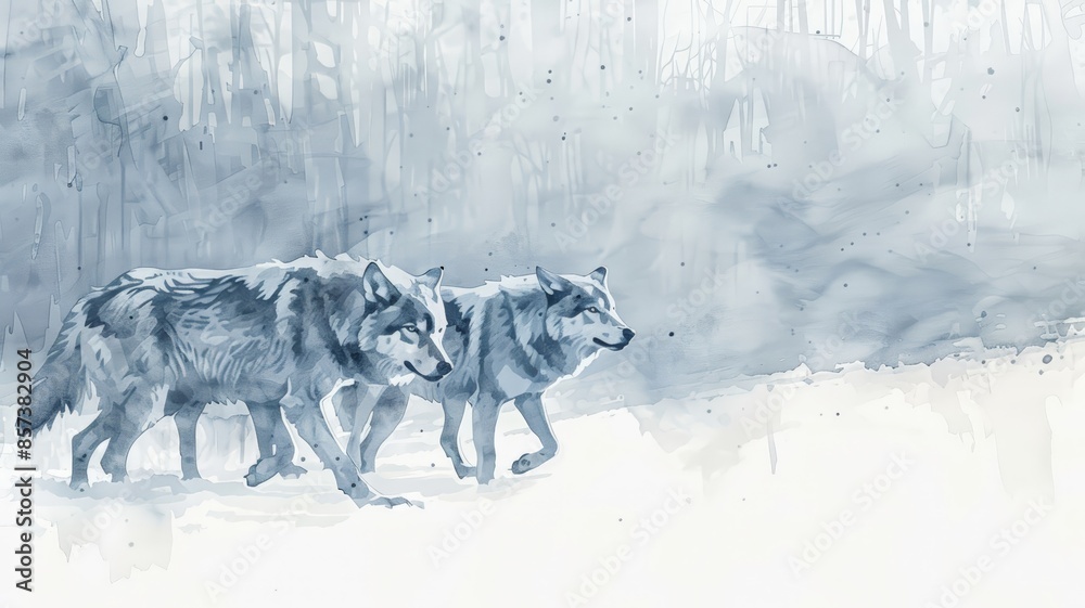 Naklejka premium Two wolves traverse a snowy landscape in a serene wintry forest