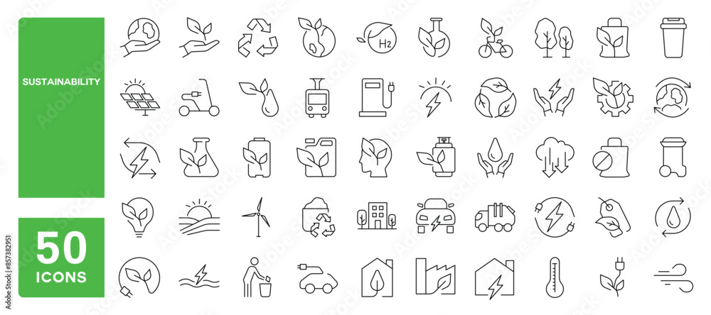 Set of 50 line icons related to sustainability, ecology, environment, renewable energy, recycle, Editable stroke. Vector illustration Set of 50 line icons related to sustainability, ecology, environment, renewable energy, recycle, Editable stroke. Vector illustration