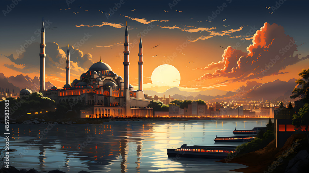 Fototapeta premium Istanbul - Turkey, Europe, City, Cartoon, Poster Style