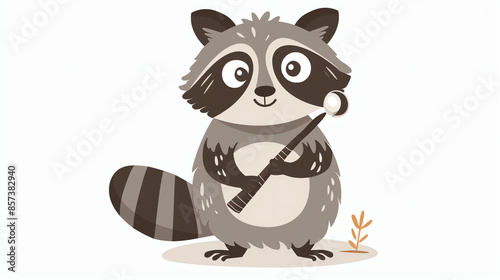 A cute raccoon is holding a magic wand. The raccoon is standing on its hind legs and has a big smile on its face. It is looking at the viewer. © AiStock