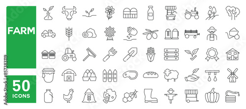 Set of 50 line icons related to farm, agriculture, organic food, greenhouse, harvest, Editable stroke. Vector illustration