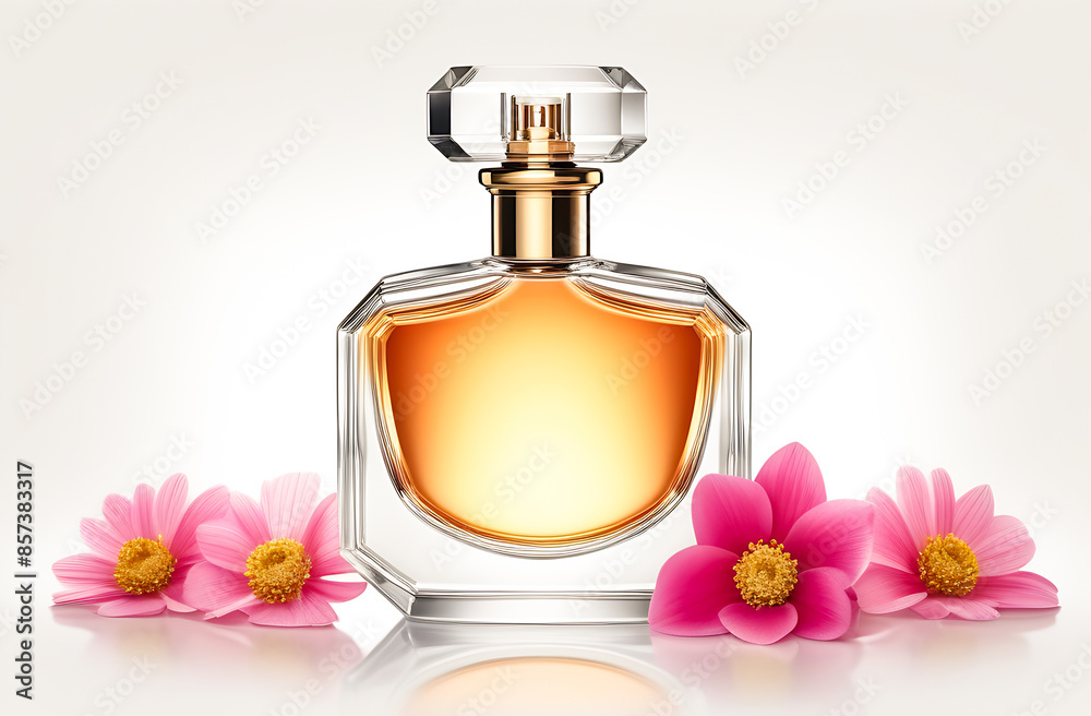 retro perfume bottle with flowers on a white background retro perfume bottle with flowers on a white background