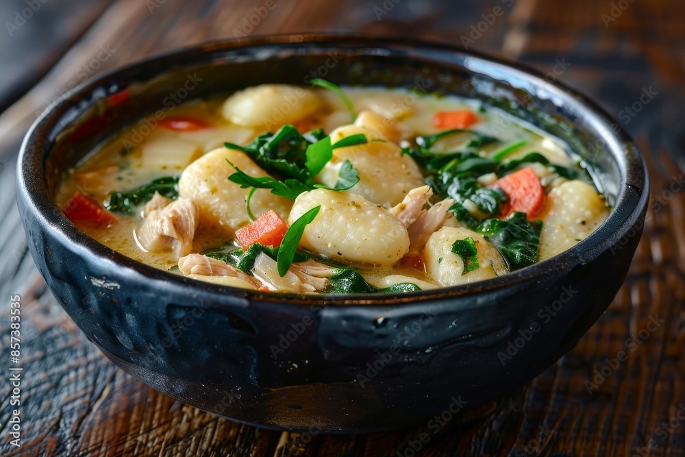 Close up of Italian creamy chicken soup with gnocchi spinach and vegetables in black bowl on wooden table Close up of Italian creamy chicken soup with gnocchi spinach and vegetables in black bowl on wooden table