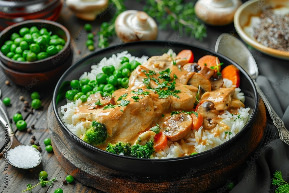 Chicken in creamy mushroom sauce with rice and peas Stew with veggies and mushroom cream