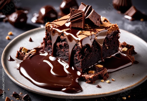 dripping hot fudge over decadent indulgent dessert topping freshly baked chocolate treat, brownie, sticky, gooey, creamy, moist, rich, delicious, sweet photo