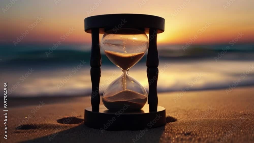 A glass hourglass with sand in it is on a table. The sand is slowly trickling out of the top of the hourglass. Calm and serene mood, as the sand slowly falls