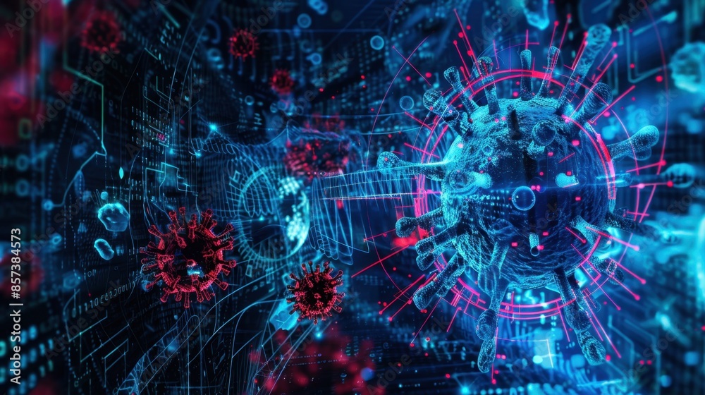 Fototapeta premium A 3D digital rendering of a Coronavirus, showcasing its intricate structure and the complex network of data surrounding it.