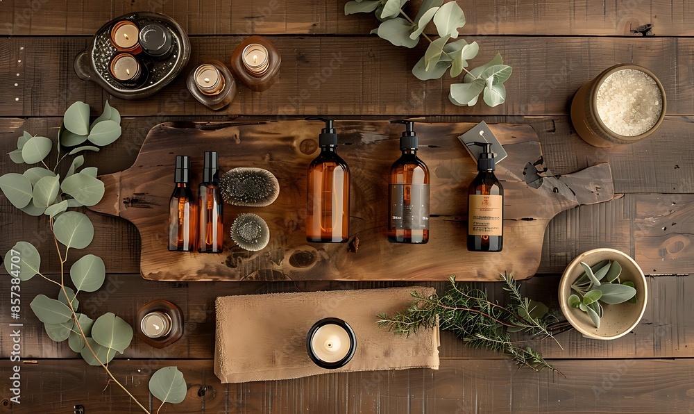 A top view of a wooden board elegantly arranged with amber glass bottles, eucalyptus leaves, and various spa products, highlighting natural beauty A top view of a wooden board elegantly arranged with amber glass bottles, eucalyptus leaves, and various spa products, highlighting natural beauty