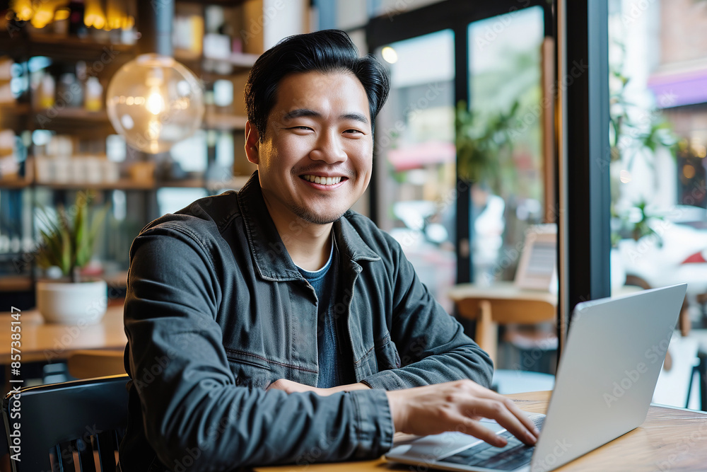 Asian man using laptop in cafe, work remote or having online training Asian man using laptop in cafe, work remote or having online training
