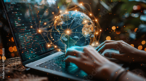 Wallpaper Mural Global internet network connection, digital technology concept. Business man using digital tablet with global network and smart city for business and technology background Torontodigital.ca